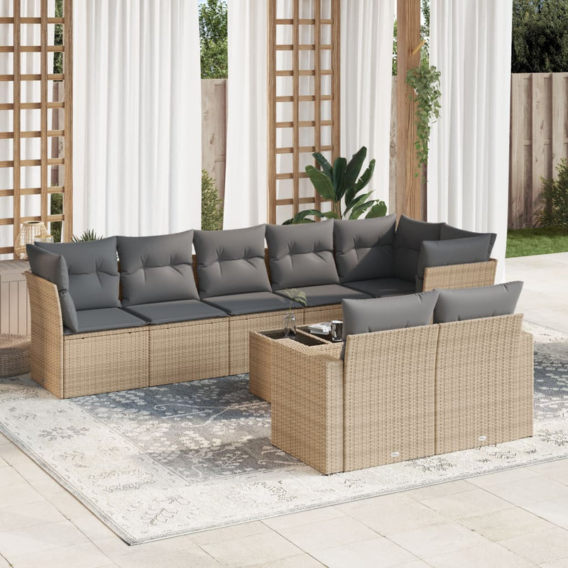 9 Piece Garden Sofa Set with Cushions Beige Poly Rattan