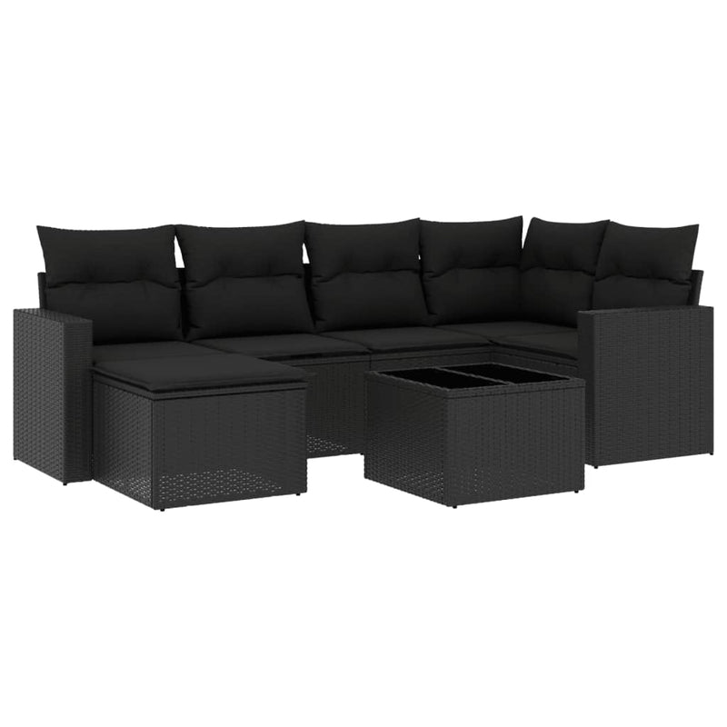 7 Piece Garden Sofa Set with Cushions Black Poly Rattan