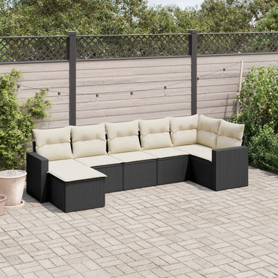 7 Piece Garden Sofa Set with Cushions Black Poly Rattan