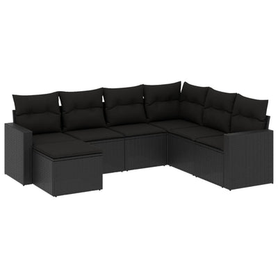 7 Piece Garden Sofa Set with Cushions Black Poly Rattan