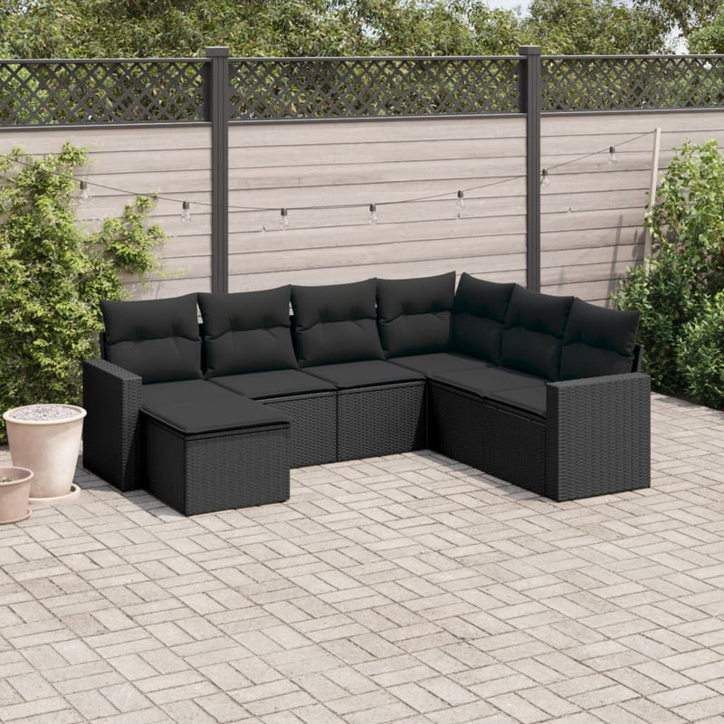 7 Piece Garden Sofa Set with Cushions Black Poly Rattan