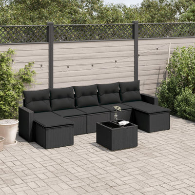 8 Piece Garden Sofa Set with Cushions Black Poly Rattan