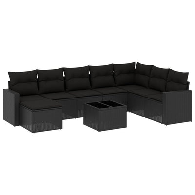 9 Piece Garden Sofa Set with Cushions Black Poly Rattan