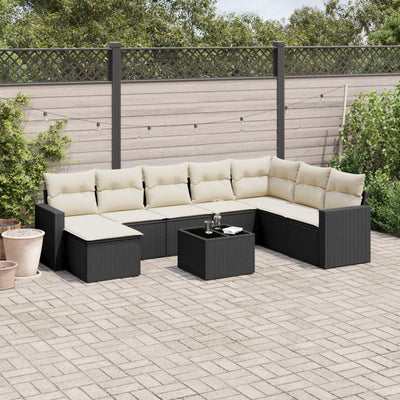 9 Piece Garden Sofa Set with Cushions Black Poly Rattan