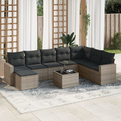 9 Piece Garden Sofa Set with Cushions Grey Poly Rattan