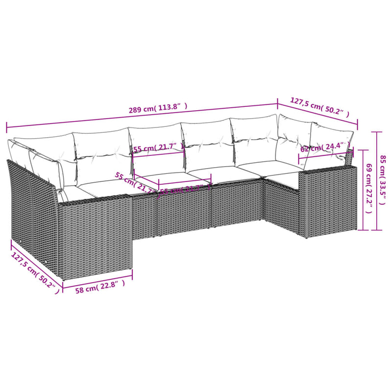 7 Piece Garden Sofa Set with Cushions Grey Poly Rattan