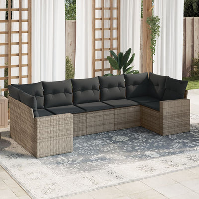 7 Piece Garden Sofa Set with Cushions Grey Poly Rattan