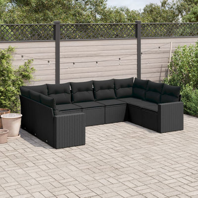 9 Piece Garden Sofa Set with Cushions Black Poly Rattan