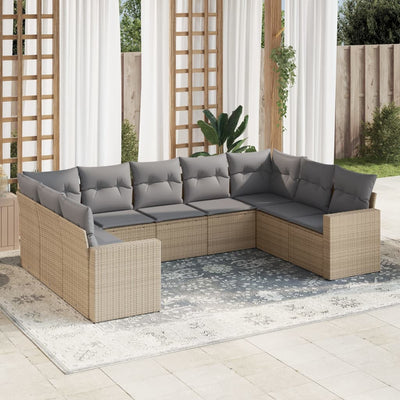 9 Piece Garden Sofa Set with Cushions Beige Poly Rattan