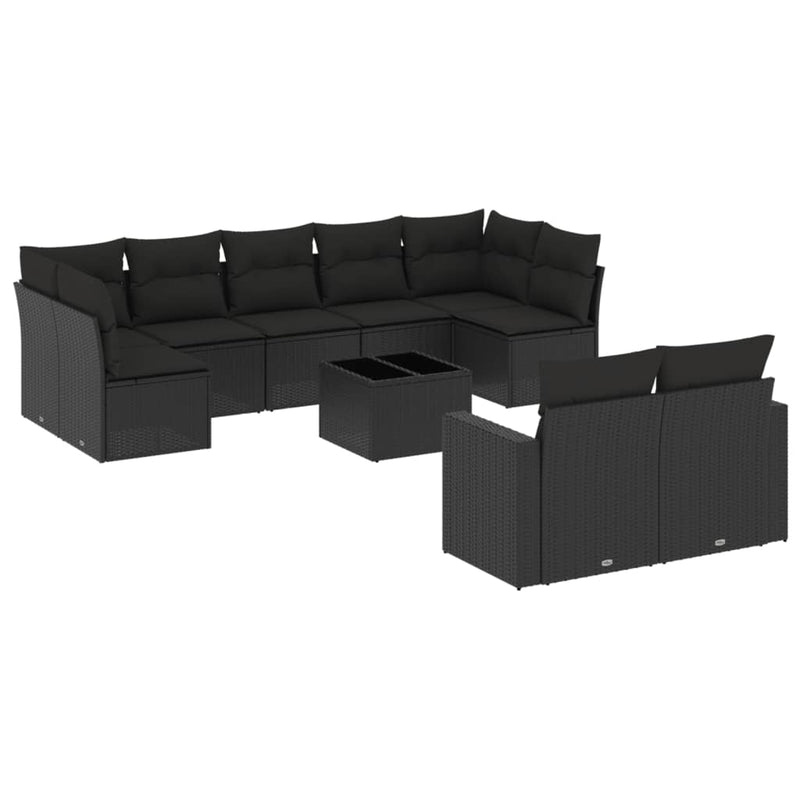 10 Piece Garden Sofa Set with Cushions Black Poly Rattan