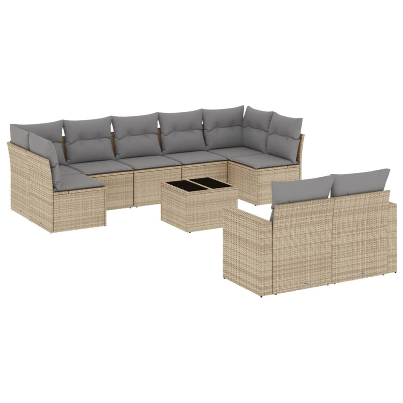 10 Piece Garden Sofa Set with Cushions Beige Poly Rattan