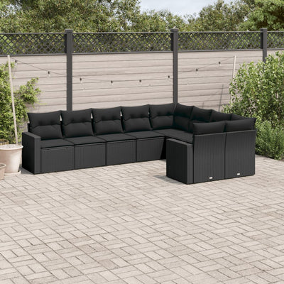 9 Piece Garden Sofa Set with Cushions Black Poly Rattan