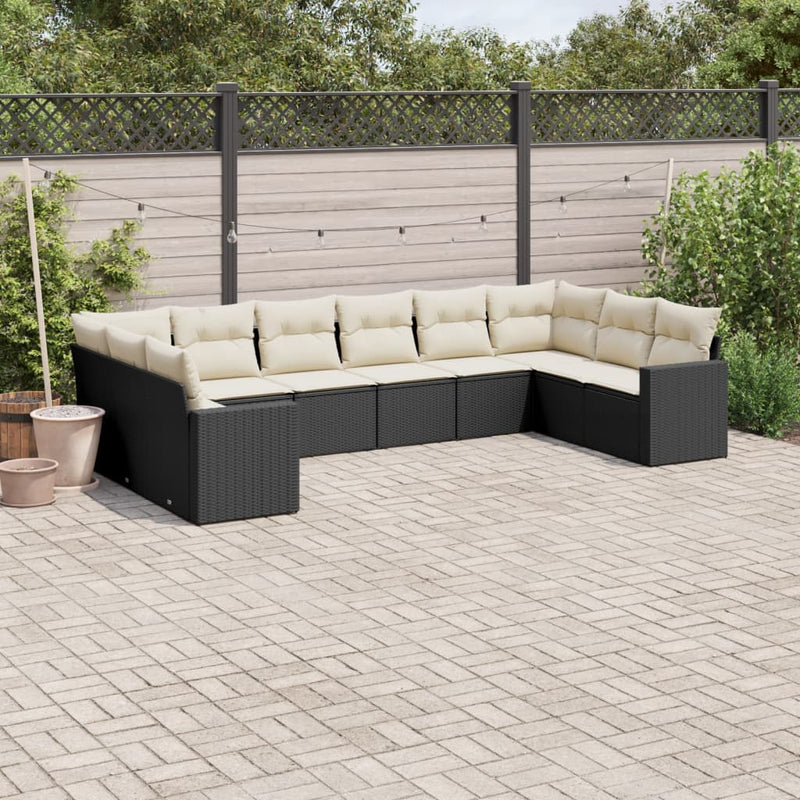 10 Piece Garden Sofa Set with Cushions Black Poly Rattan