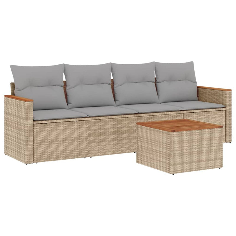 5 Piece Garden Sofa Set with Cushions Mix Beige Poly Rattan