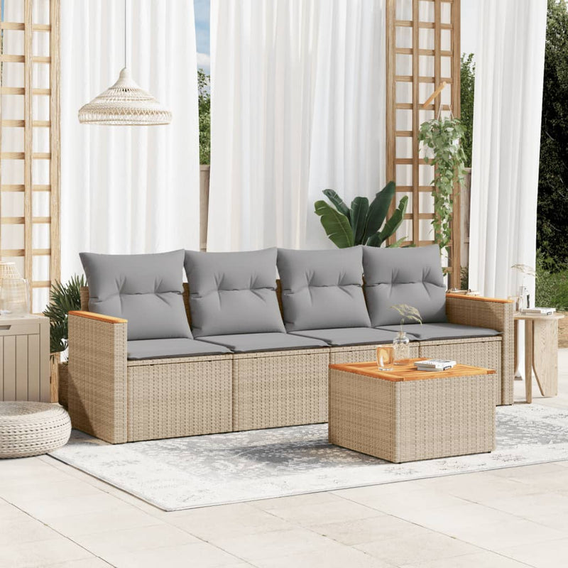 5 Piece Garden Sofa Set with Cushions Mix Beige Poly Rattan