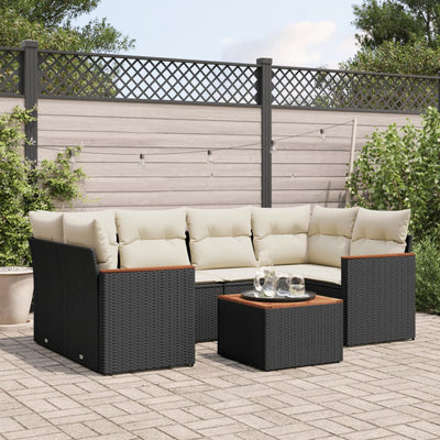 7 Piece Garden Sofa Set with Cushions Black Poly Rattan