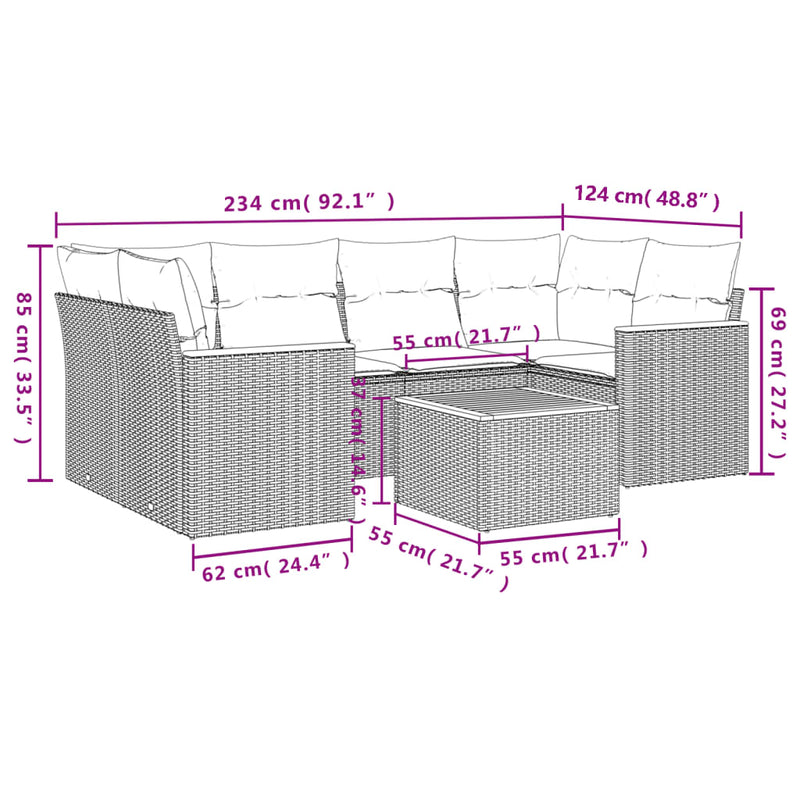 7 Piece Garden Sofa Set with Cushions Grey Poly Rattan