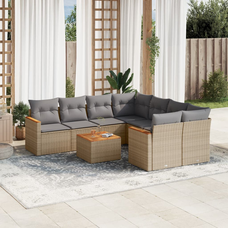 9 Piece Garden Sofa Set with Cushions Mix Beige Poly Rattan