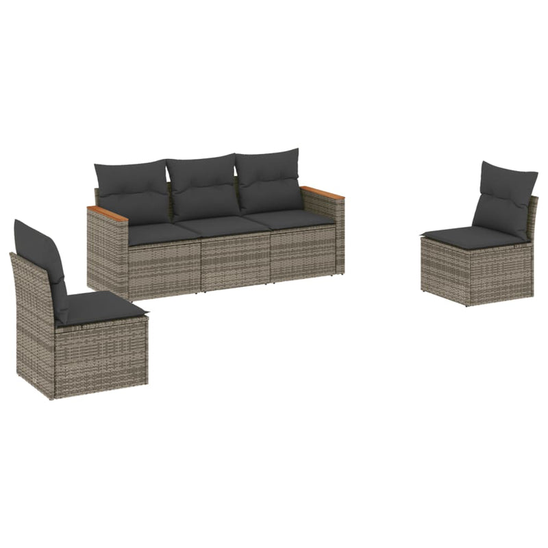 5 Piece Garden Sofa Set with Cushions Grey Poly Rattan