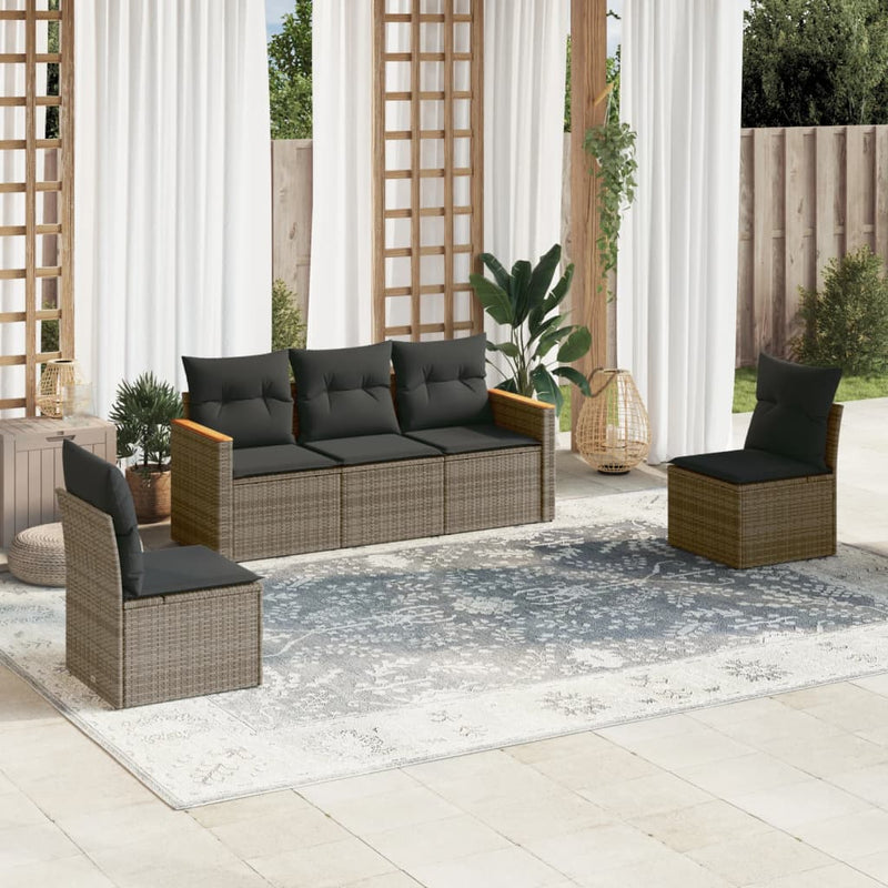 5 Piece Garden Sofa Set with Cushions Grey Poly Rattan