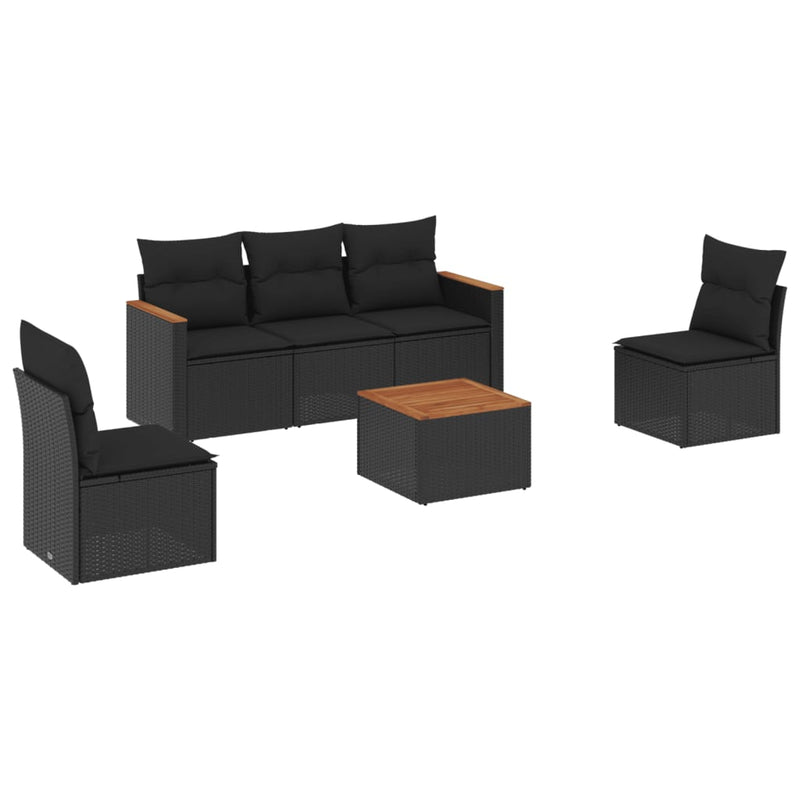 6 Piece Garden Sofa Set with Cushions Black Poly Rattan