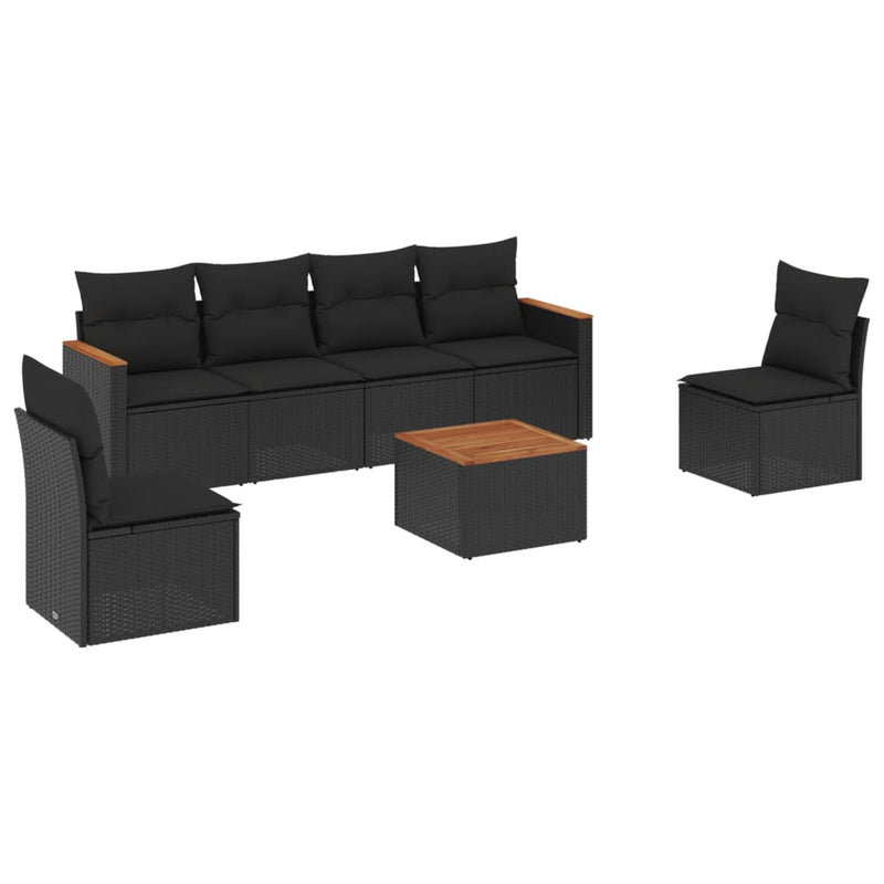 7 Piece Garden Sofa Set with Cushions Black Poly Rattan