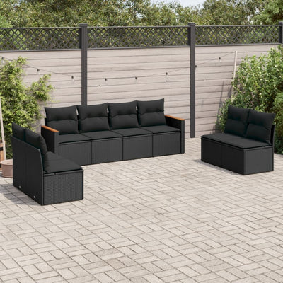 8 Piece Garden Sofa Set with Cushions Black Poly Rattan