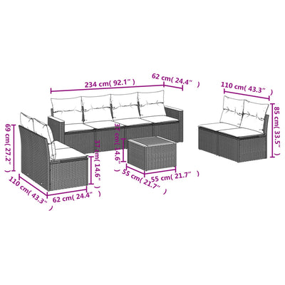 9 Piece Garden Sofa Set with Cushions Grey Poly Rattan