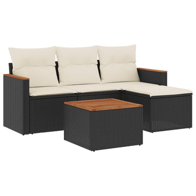 5 Piece Garden Sofa Set with Cushions Black Poly Rattan