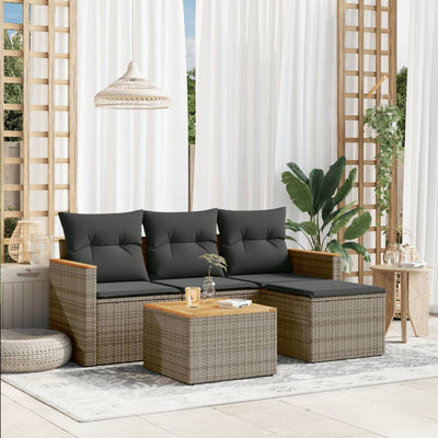 5 Piece Garden Sofa Set with Cushions Grey Poly Rattan