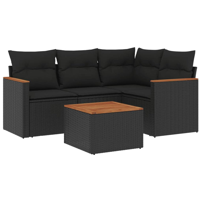 5 Piece Garden Sofa Set with Cushions Black Poly Rattan