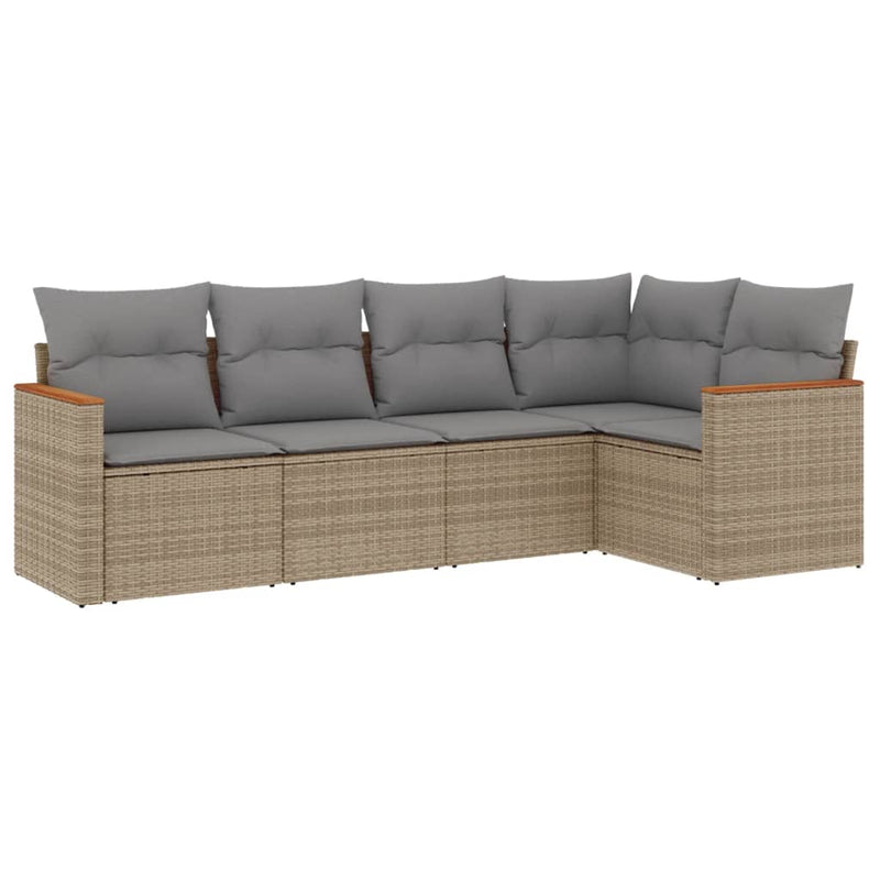 5 Piece Garden Sofa Set with Cushions Mix Beige Poly Rattan