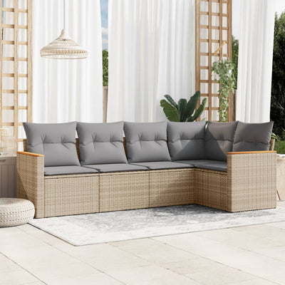 5 Piece Garden Sofa Set with Cushions Mix Beige Poly Rattan