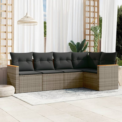 5 Piece Garden Sofa Set with Cushions Grey Poly Rattan