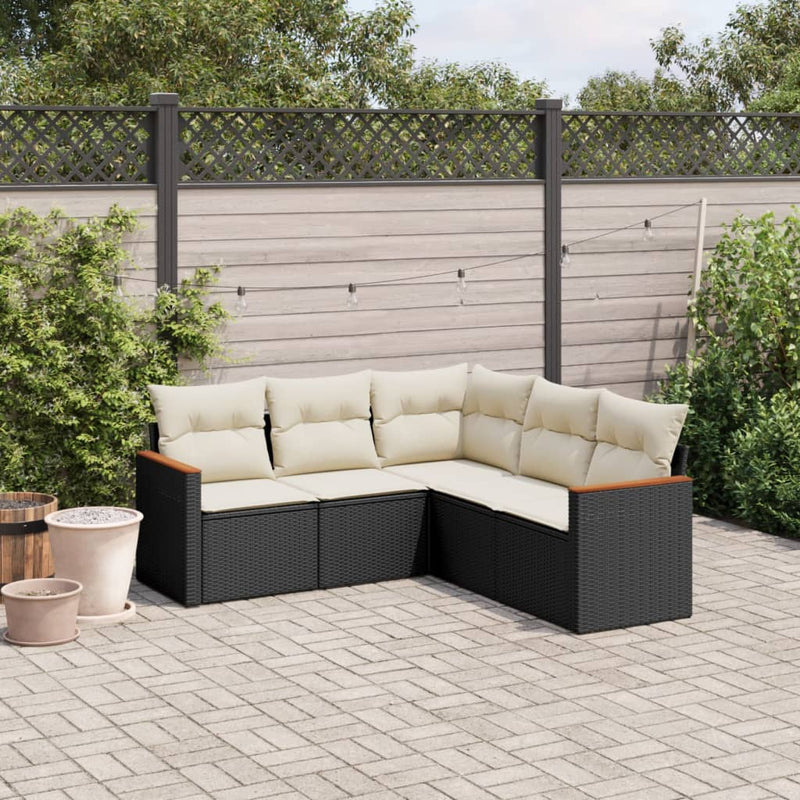 5 Piece Garden Sofa Set with Cushions Black Poly Rattan