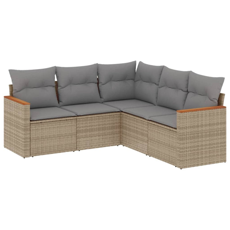 5 Piece Garden Sofa Set with Cushions Mix Beige Poly Rattan