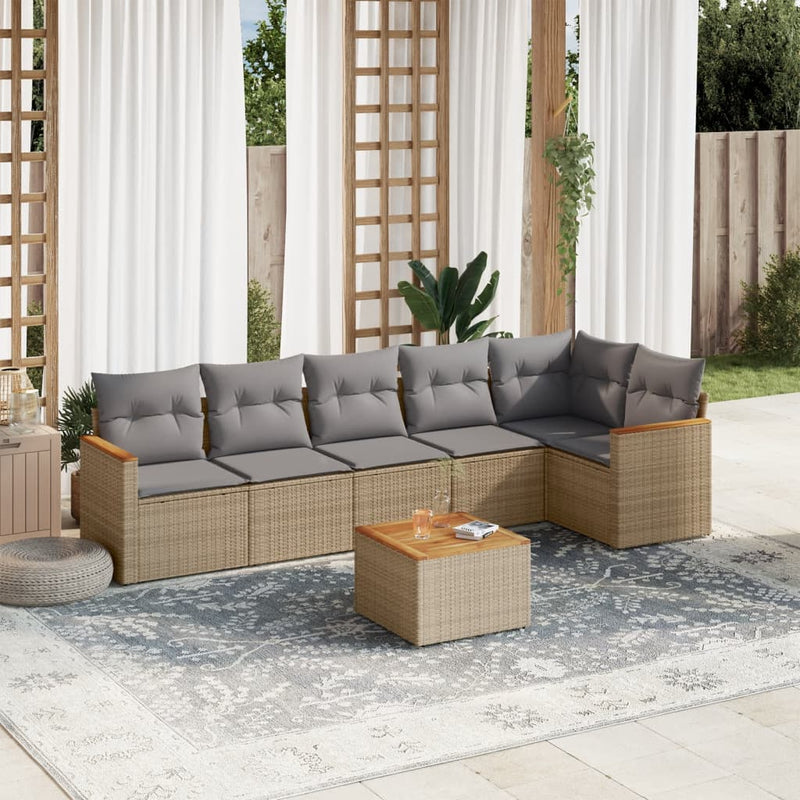 7 Piece Garden Sofa Set with Cushions Mix Beige Poly Rattan