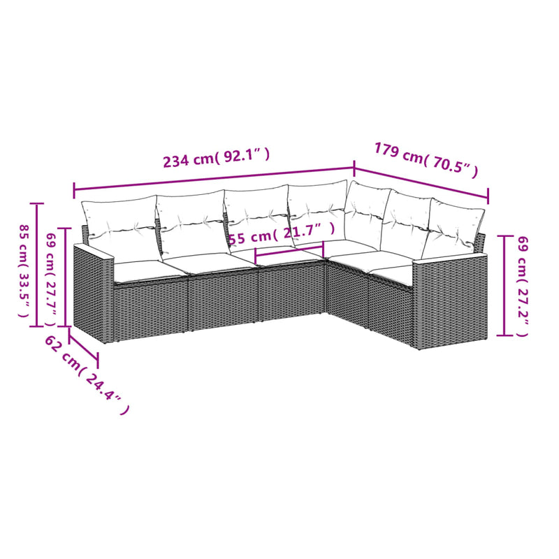 6 Piece Garden Sofa Set with Cushions Grey Poly Rattan