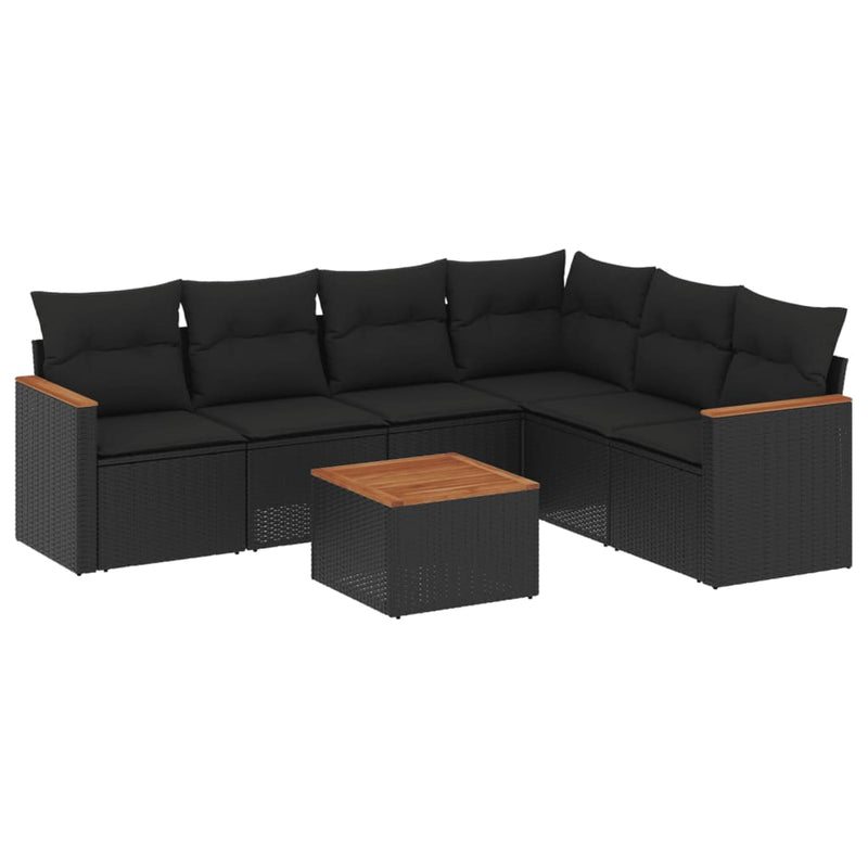 7 Piece Garden Sofa Set with Cushions Black Poly Rattan