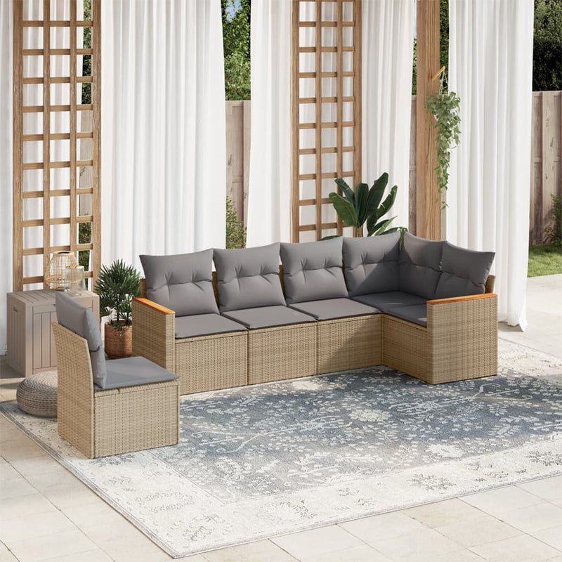 6 Piece Garden Sofa Set with Cushions Mix Beige Poly Rattan