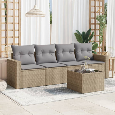 5 Piece Garden Sofa Set with Cushions Beige Poly Rattan