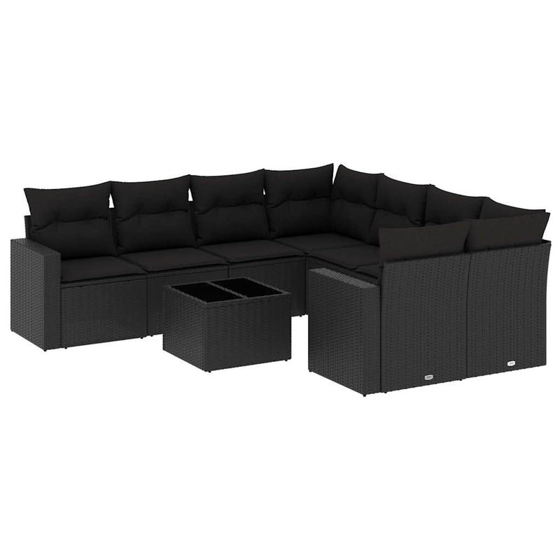 9 Piece Garden Sofa Set with Cushions Black Poly Rattan