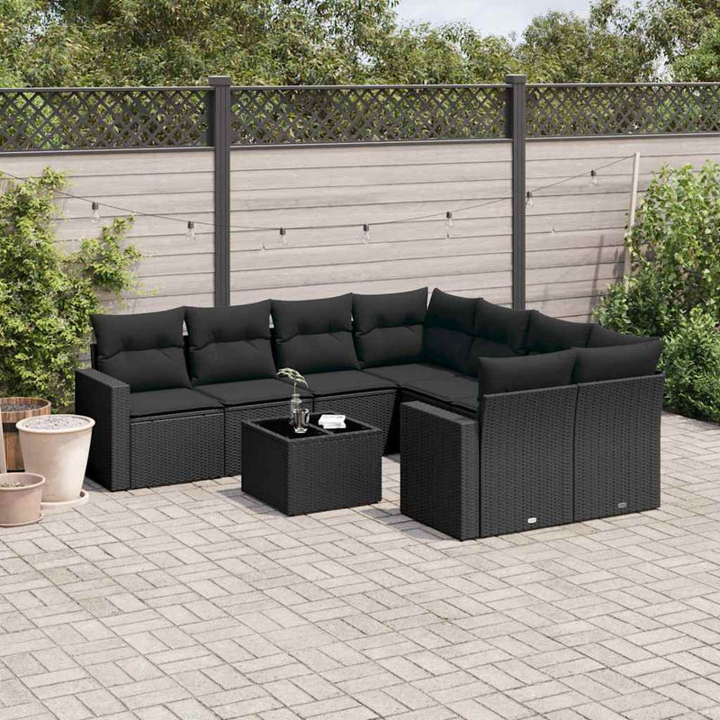 9 Piece Garden Sofa Set with Cushions Black Poly Rattan