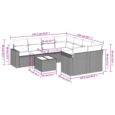 9 Piece Garden Sofa Set with Cushions Grey Poly Rattan