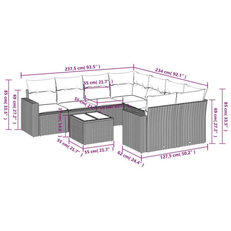 9 Piece Garden Sofa Set with Cushions Grey Poly Rattan