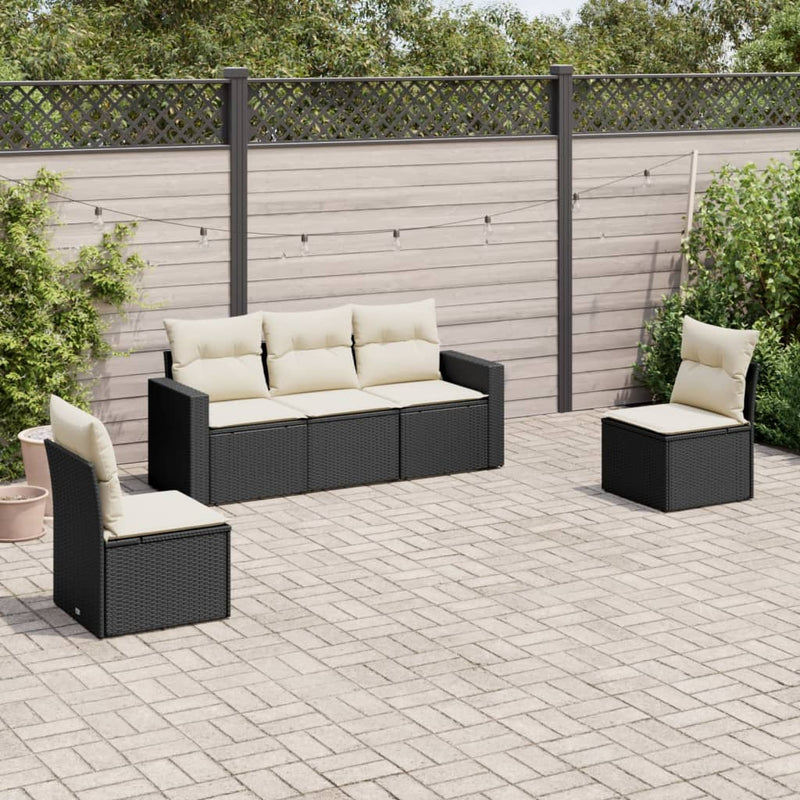 5 Piece Garden Sofa Set with Cushions Black Poly Rattan