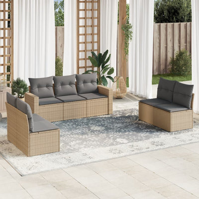 7 Piece Garden Sofa Set with Cushions Beige Poly Rattan