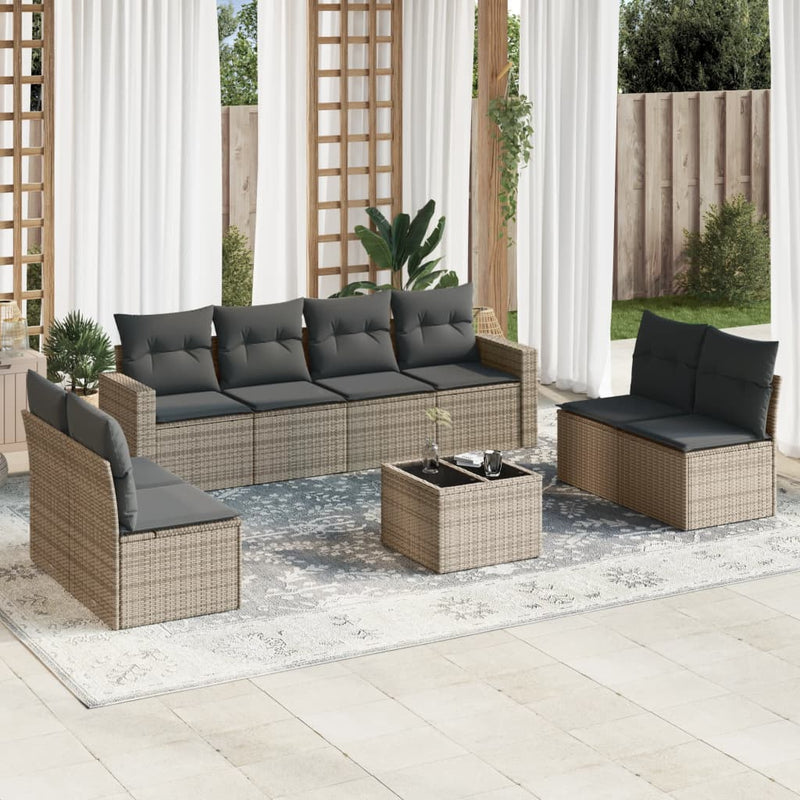 9 Piece Garden Sofa Set with Cushions Beige Poly Rattan