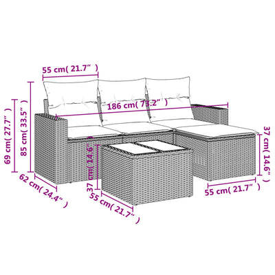 5 Piece Garden Sofa Set with Cushions Grey Poly Rattan