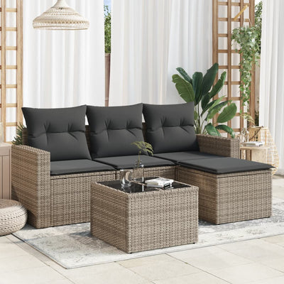 5 Piece Garden Sofa Set with Cushions Grey Poly Rattan